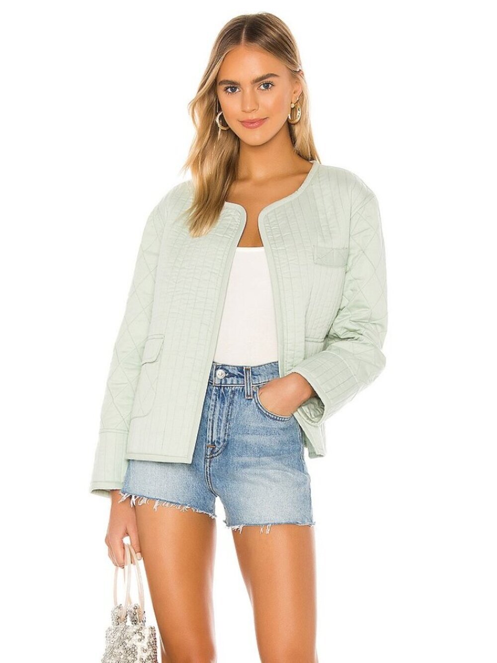 TULAROSA Theo Washed Mint Green Quilted Cotton Open Front Jacket Coat, Size XS